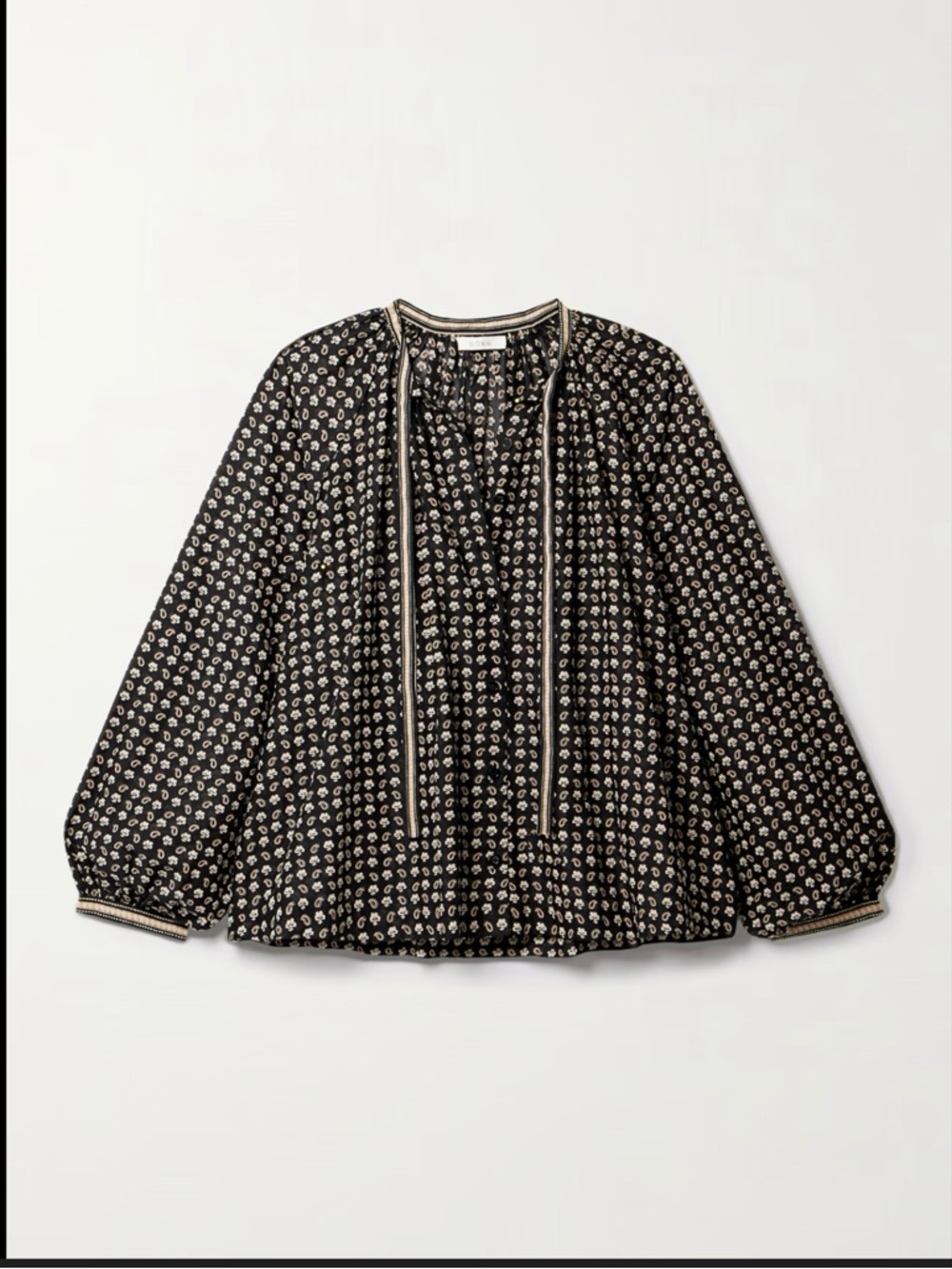 Doen Black with Cream Accents Tie-Neck Peasant Blouse - Picture 3 of 14